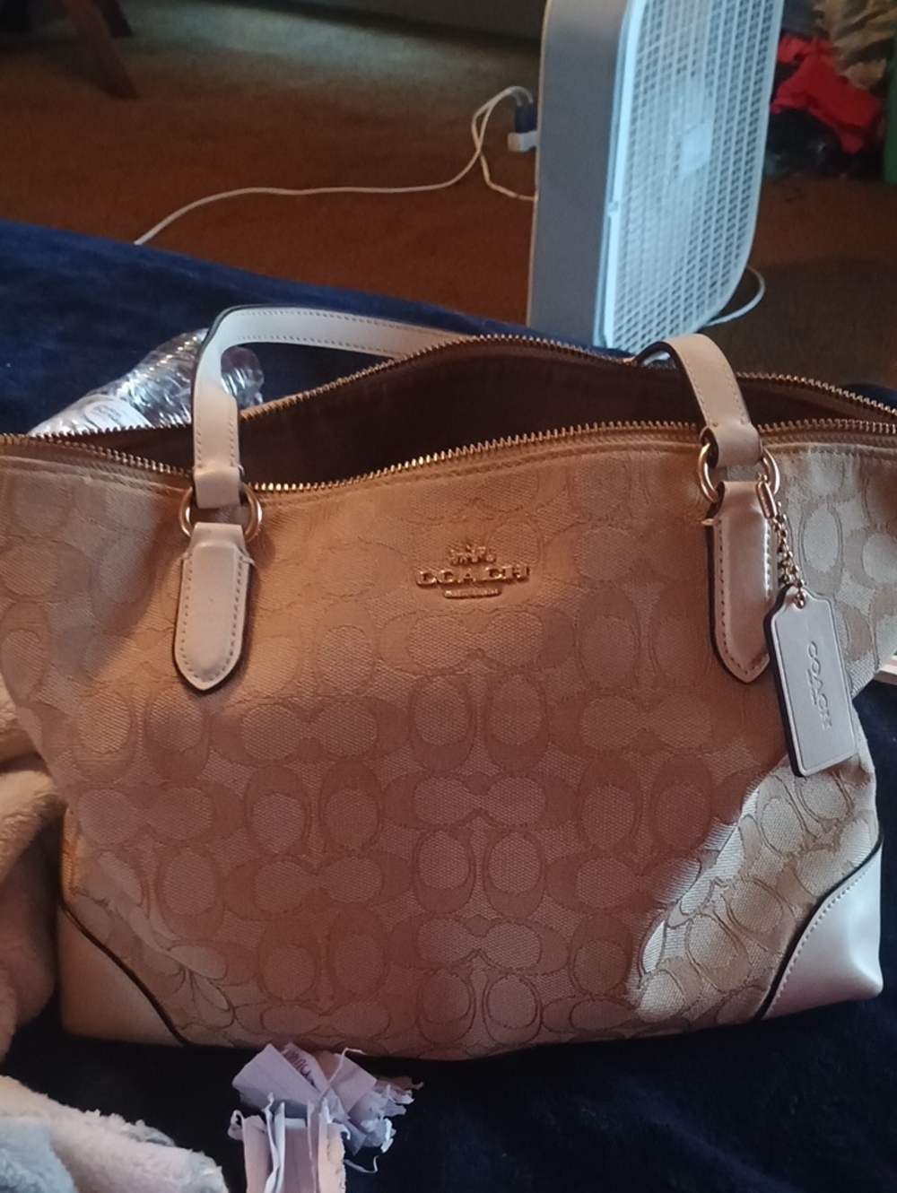 Coach Beige/Tan Signature Jacquard Tote with Leather Trim